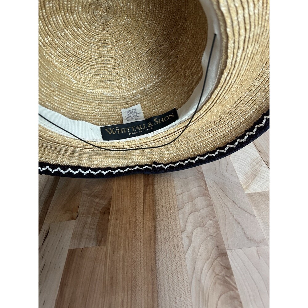 Vintage Women's Straw Boater Hat Wide Brim Blue White Grosgrain Ribbon Bow - Picture 7 of 8